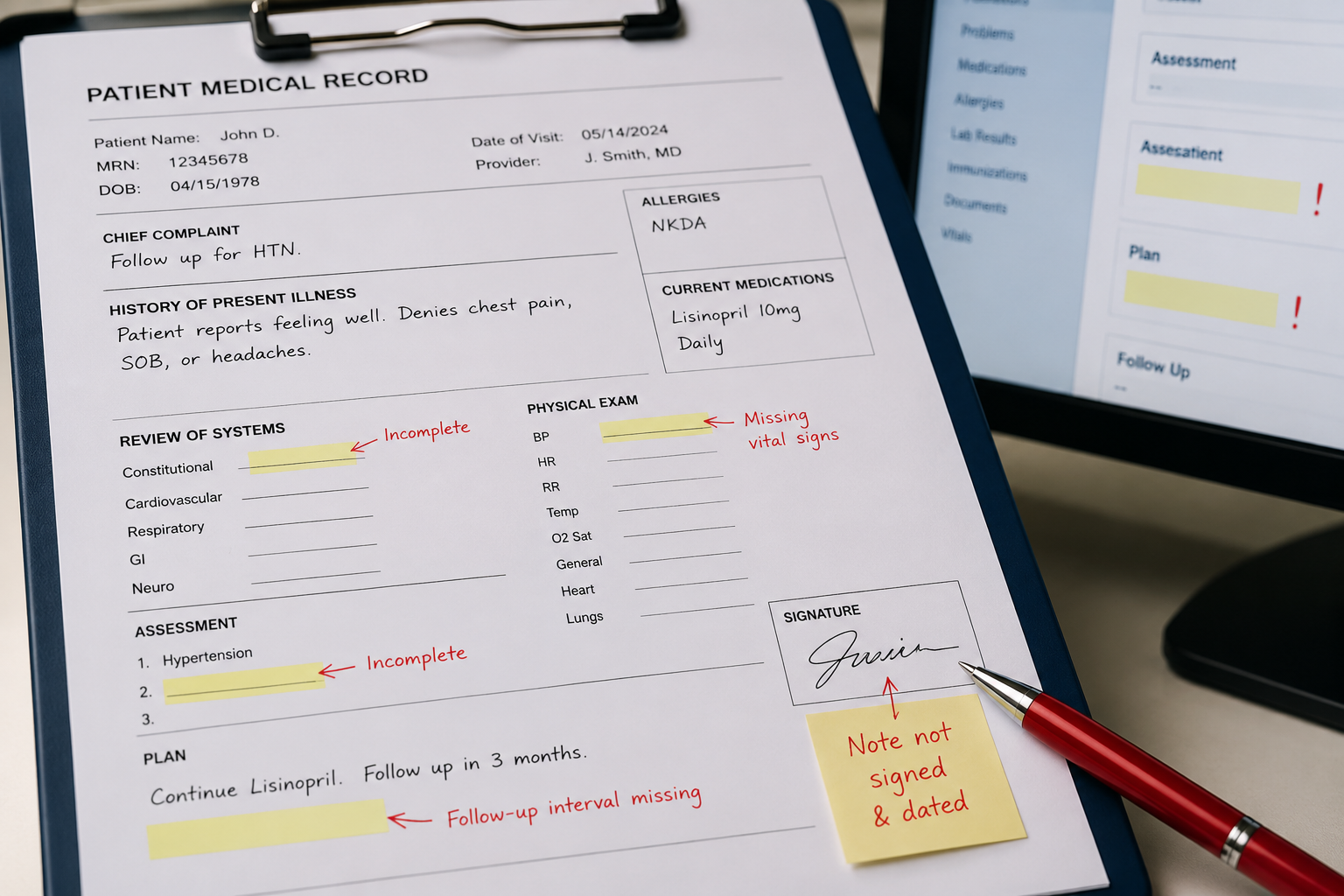 fake medical record with missing information