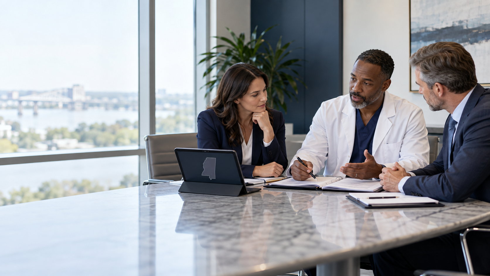 a MS doctor meeting with business executives